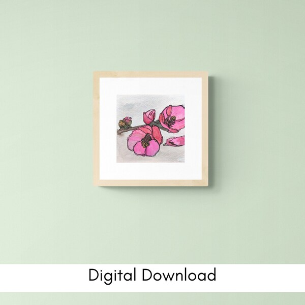 Printable / Bright Floral Wall Art / from Original Watercolor Painting / 8 inches Square / Flowering Quince /Unframed