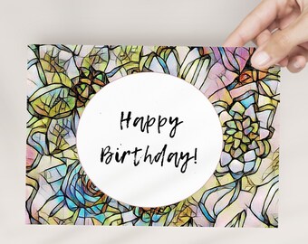 Happy Birthday Card / Set Of 5/ Folded / Blank Inside / Stained Glass Floral Design