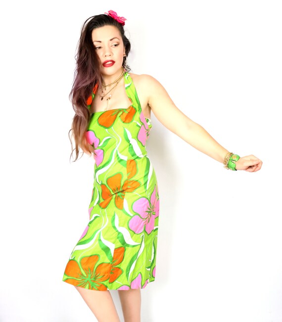 Neon Green Pink Tropical Sarong Wiggle Dress Alex