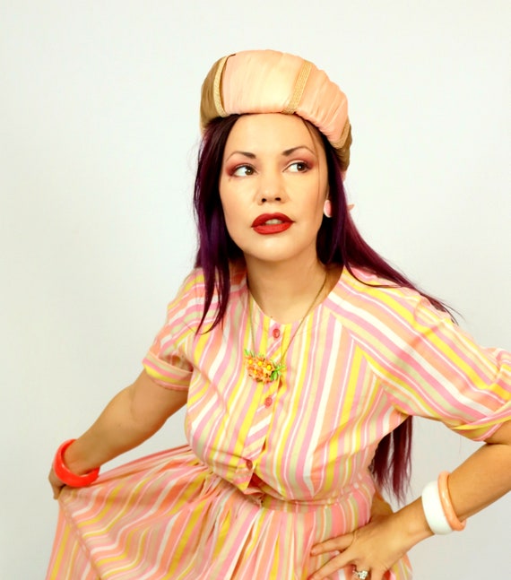 Pink Beige Vintage Pillbox Hat 50s layered Dusty p