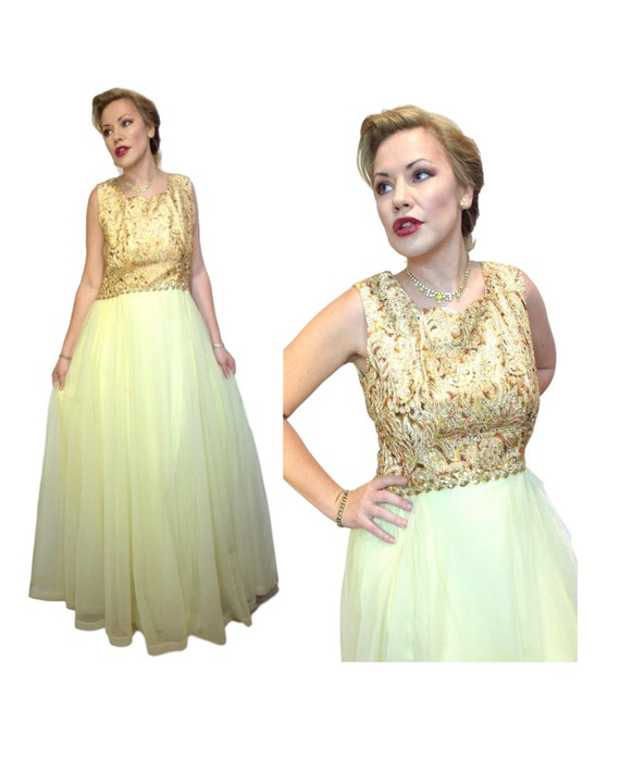 GOLD LAME and YELLOW 60s Formal Dress Anns Vogue S