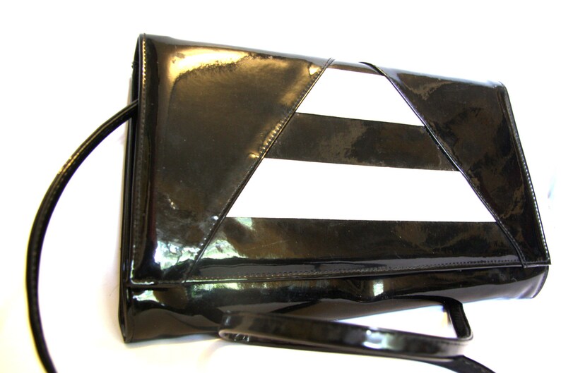 BLACK and WHITE MOD Patent Vinyl Leather Striped Handbag HB20 | Etsy