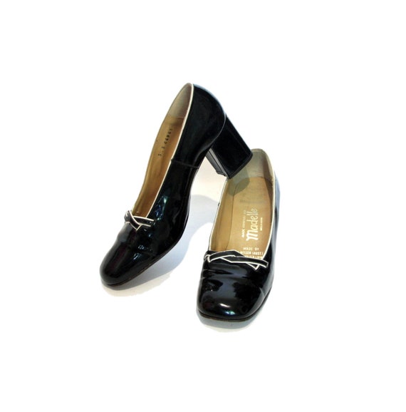 shiny black block heels