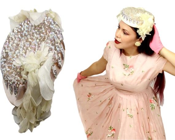 Dusty pink champagne Sequined Hat Harbig Paris 50s
