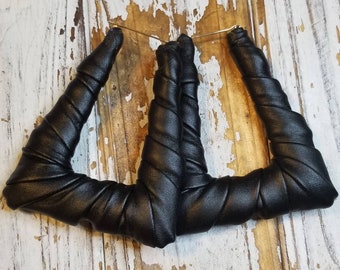 Bamboo Faux black leather Doorknocker Earrings