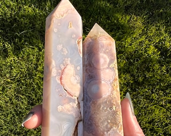Flower Agate Druzy Tower With Pink Amethyst | Pink Flower Agate Obelisk | Cherry Blossom Flower Agate
