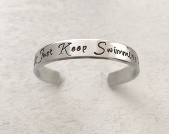 Just Keep Swimming cuff bracelet~ Bangle, Starfish, encouragement, nautical bracelet, Dory jewelry, support gift, daughter gift