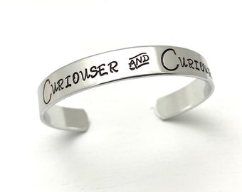 Curiouser & Curiouser Cuff Bracelet, Alice in Wonderland, Mad Hatter, through the looking glass, white rabbit, Cheshire Cat, Queen of Hearts