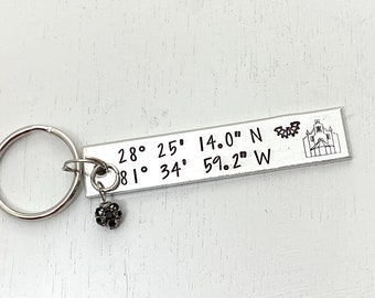 Haunted Mansion GPS Coordinates Keychain, Welcome Foolish Mortals~ Grim Grinning Ghosts, Ghost Host, Madame Leota, 999 Happy Haunts, Haunted