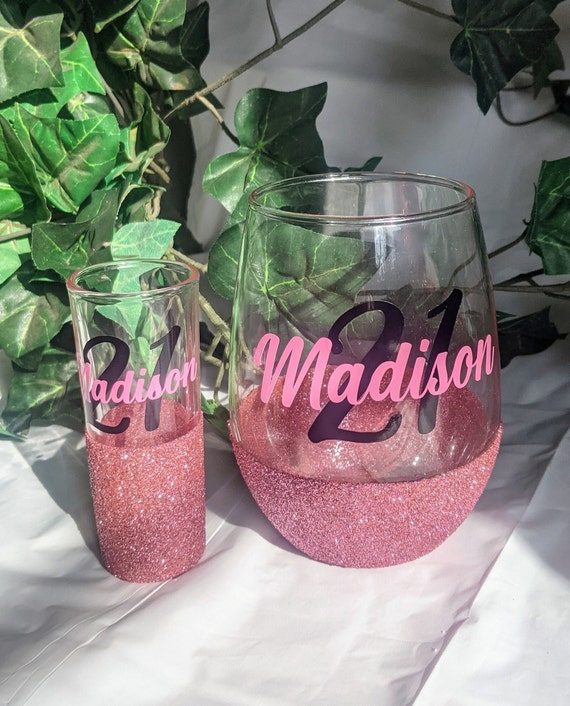 Glitter Wine Glass, 21st Birthday Wine Glass, Custom Shot Glass