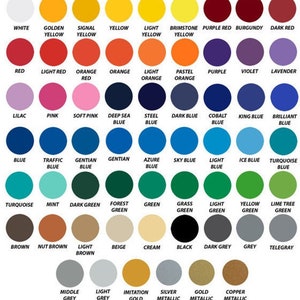 May include: A chart of 60 different color names, with each color represented by a circle. The colors are arranged in rows and columns, with the names of the colors listed below each circle.