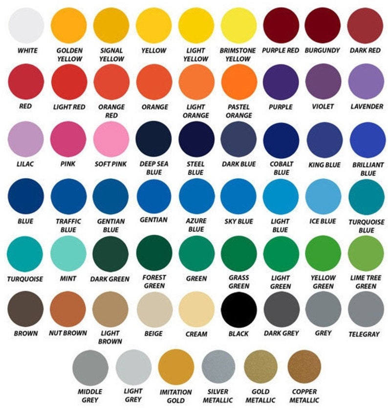 May include: A chart of 60 different color names, with each color represented by a circle. The colors are arranged in rows and columns, with the names of the colors listed below each circle.