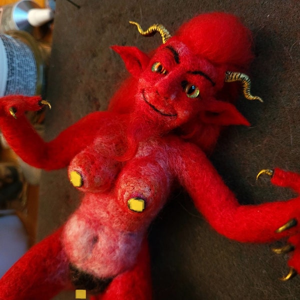 Needlefelted Posable Red Devil Woman Art Doll