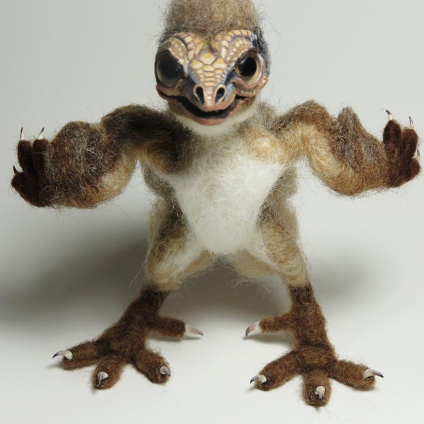 FELTED DINOSAUR CHICK Poseable Baby Raptor Hatchling Velociraptor Art Doll by Kate Turner