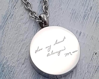 Your Hand Writing Symbol or Drawing Custom Engraved on a Circle Cremation Ash Urn Pendant Necklace in Silver Stainless Steel Personalized