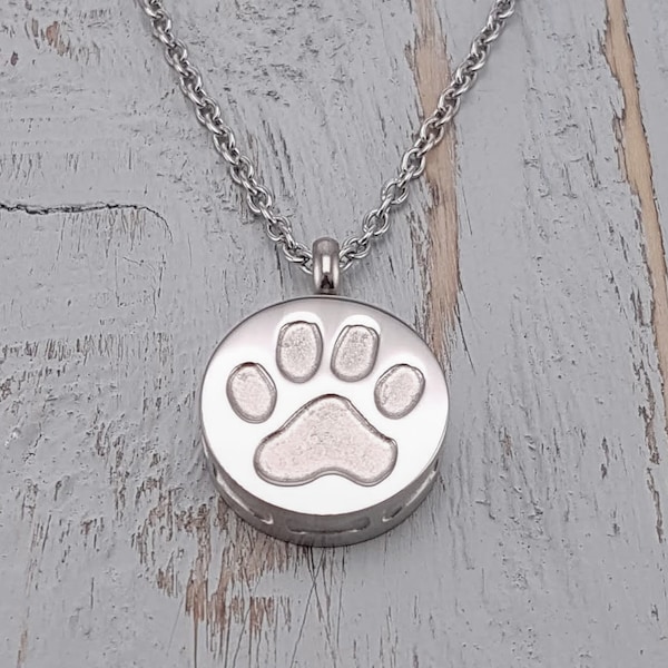 Paw Print Urn Pendant Necklace - Stainless Steel - Cremation Ash Jewelry - Pet Memorial Keepsake - Personalised Engraving Available