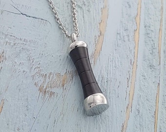 Silver and Black Cremation Ash Urn Pendant Necklace - Solid Stainless Steel - Custom Engraving Available - Hung on a Matching Chain