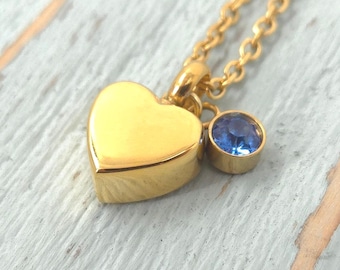 Collar de urna de corazón de oro personalizado con piedra de nacimiento de marzo: joyería de cremación con dije personalizado - Memorial de mascotas