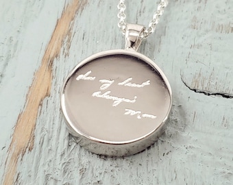 Your Hand Writing Photo Custom Engraved on a Circle Cremation Ash Urn Pendant Necklace in Solid 925 Sterling Silver on a Matching Chain