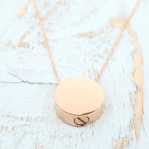 Simple Modern Circle Cremation Ash Urn Pendant Necklace - Rose Gold Stainless Steel - Personalized Handwriting Symbol or Drawing Engraved