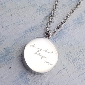 Your Hand Writing Photo Custom Engraved on a Circle Cremation Ash Urn Pendant Necklace in Silver Stainless Steel on a Matching Chain