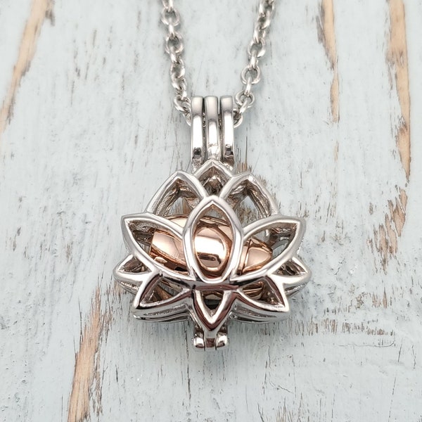 Silver and Gold Lotus Flower Cremate Ash Urn Pendant Memorial Necklace - Solid Hypoallergenic Stainless Steel - Hung on a Matching Necklace