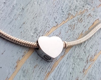 Heart Cremation Ash Urn Bracelet Charm Bead - Pandora Compatible  - Solid Polished Stainless Steel - Engraved Bracelet Jewelry