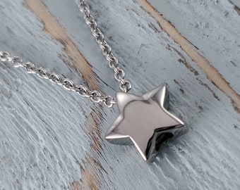 Sterling Silver Star Cremation Ash Urn Pendant Necklace in solid 925 with Custom Engraving and a Matching Chain