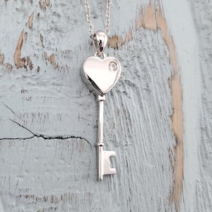 Tiny Heart Key Cremation Urn Necklace - Jewelry for Ashes,  Charm, Solid 925 Sterling Silver - - Personalized Custom Engraving