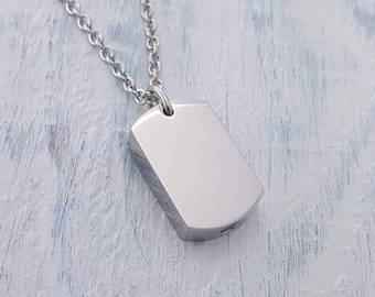 Dog Tag Cremation Ashes Urn Pendant Necklace in Solid Stainless steel with Personalized Handwriting Custom Engraved on a Matching Chain