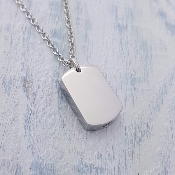 Dog Tag Cremation Ashes Urn Pendant Necklace in Solid Stainless steel with Personalized Handwriting Custom Engraved on a Matching Chain