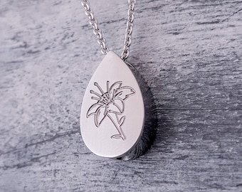 Lily Flower Tear Drop Cremation Ash Urn Necklace - Engraved - Solid Stainless Steel - Cremains Memorial Keepsake Gift