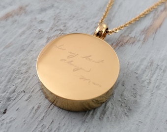 Your Hand Writing Photo Custom Engraved on a Circle Cremation Ash Urn Pendant Necklace in Gold Stainless Steel on a Matching Chain