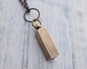 Antique Brass Capsule Cremation Ash Urn Pendant Necklace with Free Custom Engraving on a Matching Chain