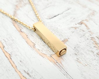Gold Bar Cremation Necklace, Stainless Steel Ashes Urn Pendant, Personalized Engraved Memorial Jewelry