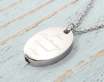Your Hand Writing Photo Custom Engraved on an Oval Cremation Ash Urn Pendant Necklace in Silver Stainless Steel on a Matching Chain