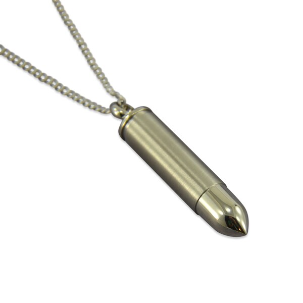 Silver Bullet Secret Stash Vial Cremation Urn Capsule Pendant Necklace - Solid Stainless Steel - Personalized Engraved Gift For Him