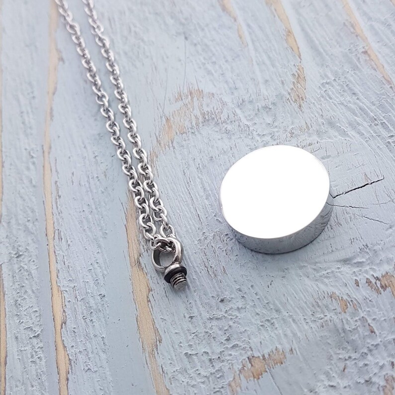 Circle Cremation Ash Urn Pendant Necklace: Silver Stainless Steel Custom Engraving Fingerprint, Handwriting, Dog Cat Nose or Paw Print image 5