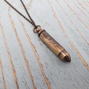 Antique Brass Bullet Urn Pendant Secret Capsule Cremation Ash Necklace with Custom Engraving on a Matching Chain image 4