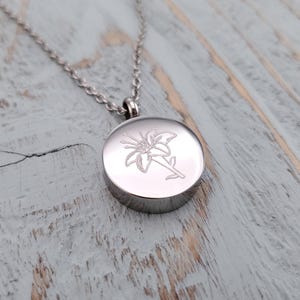 Lily Flower Urn Pendant Necklace: Stainless Steel Memorial Jewelry, Custom Engraving Pet image 4