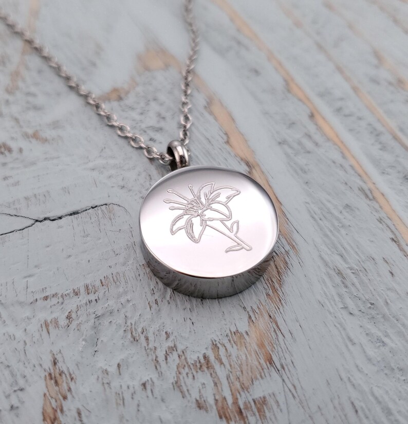Lily Flower Urn Pendant Necklace: Stainless Steel Memorial Jewelry, Custom Engraving Pet image 4