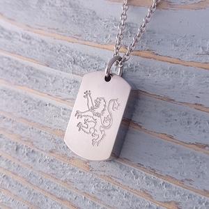 Rampant Lion Cremation Urn Necklace: Rotary Engraved Stainless Steel Dog Tag Pendant - Pet Memorial