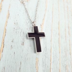 Cross Cremation Ash Urn Pendant Necklace: Black and Silver Stainless Steel Custom Personalized Engraving