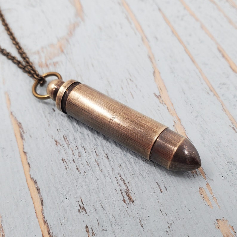 Antique Brass Bullet Urn Pendant Secret Capsule Cremation Ash Necklace with Custom Engraving on a Matching Chain image 3