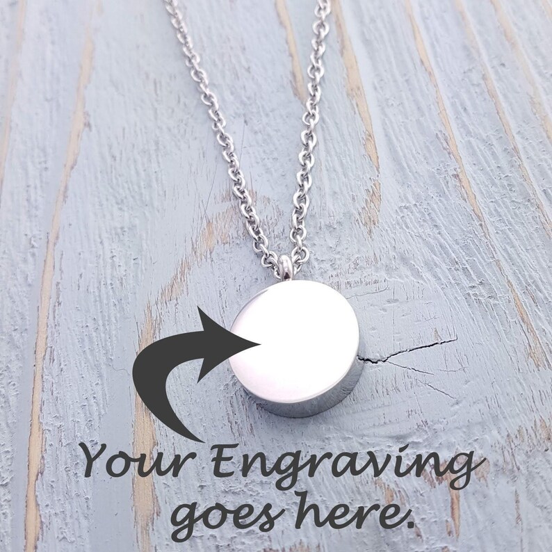 Circle Cremation Ash Urn Pendant Necklace: Silver Stainless Steel Custom Engraving Fingerprint, Handwriting, Dog Cat Nose or Paw Print image 4