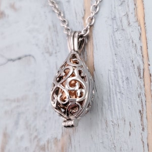 Silver and Rose Gold Tear Drop Filigree Cremate Ash Urn Pendant Memorial Necklace - Rose Gold Stainless Steel Insert - Bereavement Gift