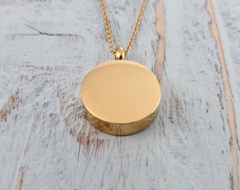 Circle Cremation Ash Urn Pendant Necklace - Gold Stainless Steel - Multiple Chain Lengths - Personalized Bereavement Gift - Free Engraving
