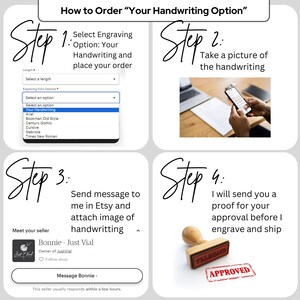 The image is a step-by-step guide on how to order a "Handwriting Option" through an online marketplace. It provides instructions on selecting an option for handwriting, taking a picture of the handwriting, sending a message to the seller, and receiving a proof before the handwriting is engraved and shipped.