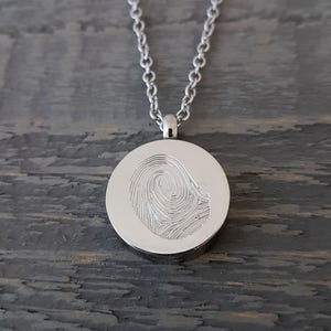 Finger Print Cremation Ash Circle Urn Necklace: Silver Stainless Steel with Custom Personalized Engraving