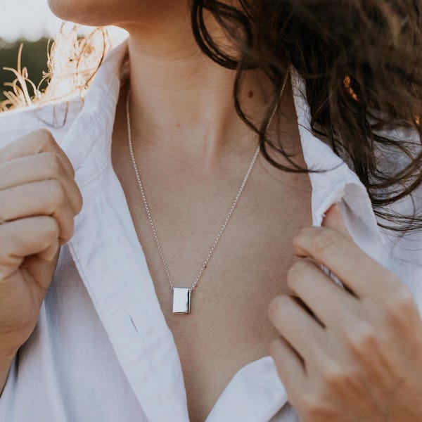 Sterling Silver Cube Ash Urn Necklace: Custom Engraved Cremation Memorial Keepsake - Pet